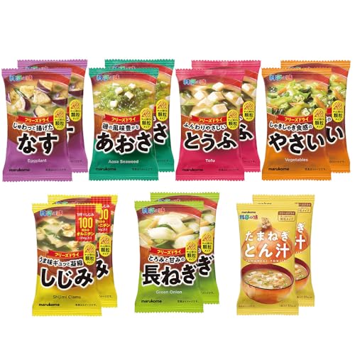 マルコメ フリーズドライ 味噌汁 顆粒タイプ 料亭の味 (7種アソート 各2個, なす、あおさ、とうふ、やさい、しじみ、長ねぎ、たまねぎとん汁)