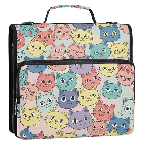 バインダージッパーオーガナイザー カラフル 漫画 かわいい 猫 1.5インチ 3リングバインダー 高耐久 丈夫なバインダー ショルダーストラップ付き 学校用 マルチポケット 大きなポートフォリオフォルダー