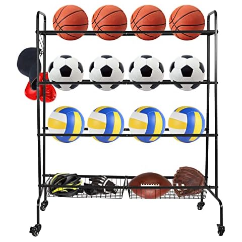 Lineslife Basketball Rack,4-Layer Ball Storage Garage Rolling Ball Holder Organizer with Basket and Hooks,Sport Equipment Storage for Volleyball Softball Cover
