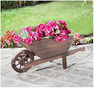 spot on dealz® Wheelbarrow Planter wooden planters for outdoor garden wishing well Burntwood large outdoor with Rotating wheel Ornament flower pots and planting decor