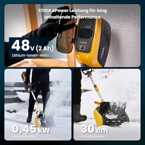 STIGA ST 300e Kit Schneefräse (450W), Betrieb bis -20°, Inkl. 48V (2Ah) Akku & Ladegerät, Gelb