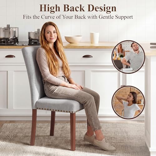 Image of Farmhouse Dining Chairs Set of 4, High Back with Wooden Legs and Nailhead Trim, Modern Fabric Dining Room Chair for Kitchen /Restaurant
