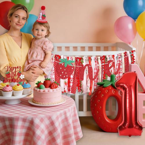 Image of Strawberry Highchair Banner for Girls First Birthday Party Decorations | Berry 1st High Chair Fabric Banner for Sweet One Birthday Backdrop Decorations Strawberry Baby Shower Party Supplies