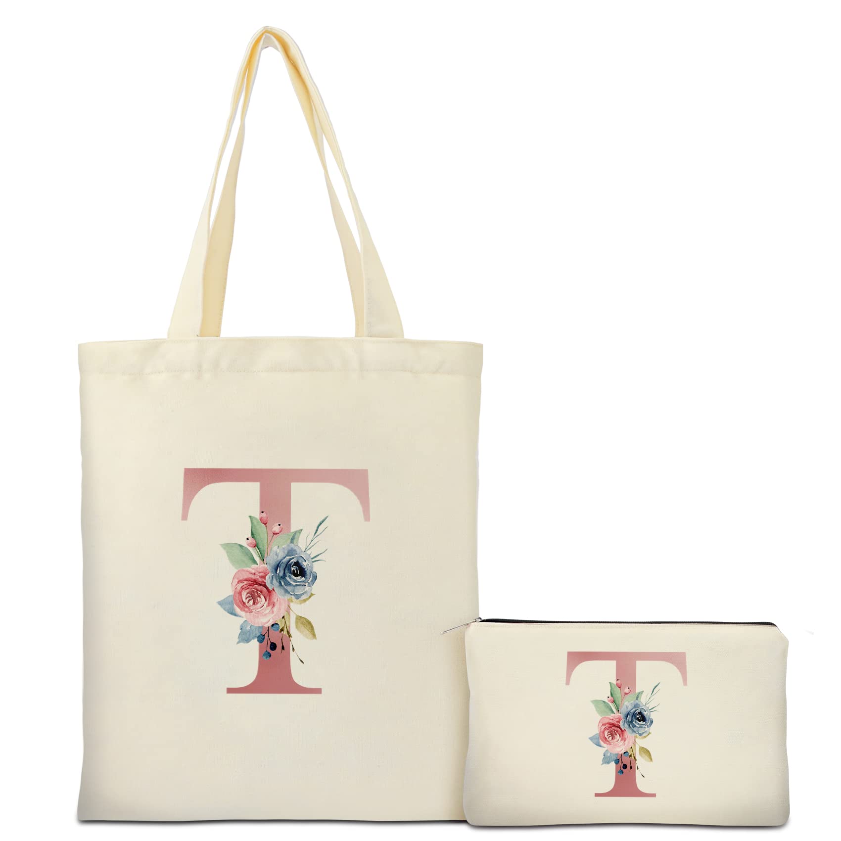 BinggemenInitial Canvas Tote Bag with Zipper Pockets,Personalized Totes for Women Bridesmaids Teacher,Cosmetic Makeup Bag,Monogrammed Gifts for Wedding Birthday (Letter T)