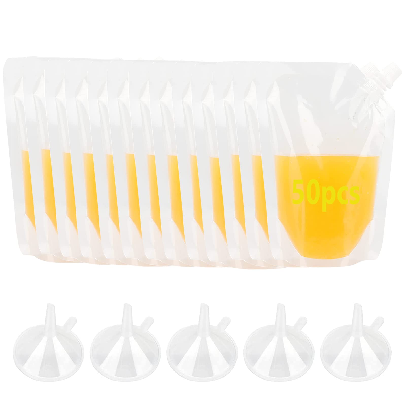 HAKZEON 50 bolsas de bebidas de 350 ml para festivales, bolsa de licor reutilizable transparente, frasco de bebidas con boquilla y embudo, bolsa de pie de mano para viajes bebidas a prueba de fugas