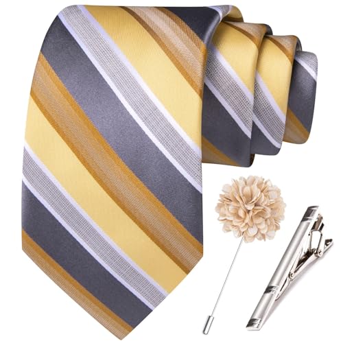 Image of Hi-Tie 63 inches Striped Paisley Extra Long Ties for Men Silk Necktie with Lapel Pin Tie Clip Big and Tall Men Formal Wedding