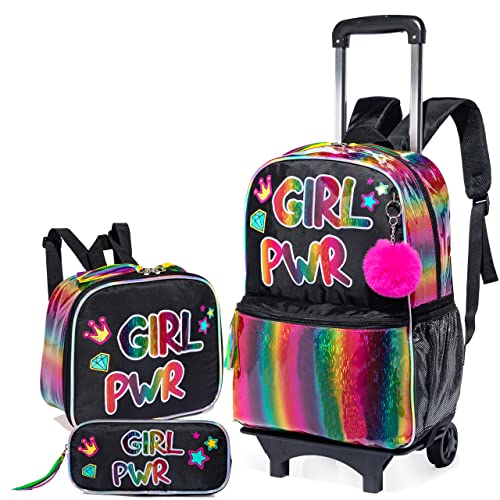 16 inch Rolling Backpack for Girls, Kids Roller Wheels Bookbag, Wheeled School Bag Suitcase Wheeled Backpack for Kindergarten Little Girls 4-6 Years