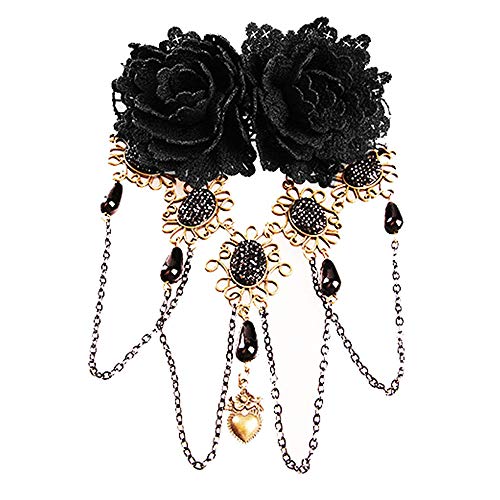 Juland Tassel Flower Hair Clips Gothic Vintage Lace Rose Barrettes Hair Pins Resin Rhinetone Chain Headwear Headdress Hair for Women Princess Wedding Flamenco Dancer - F035 