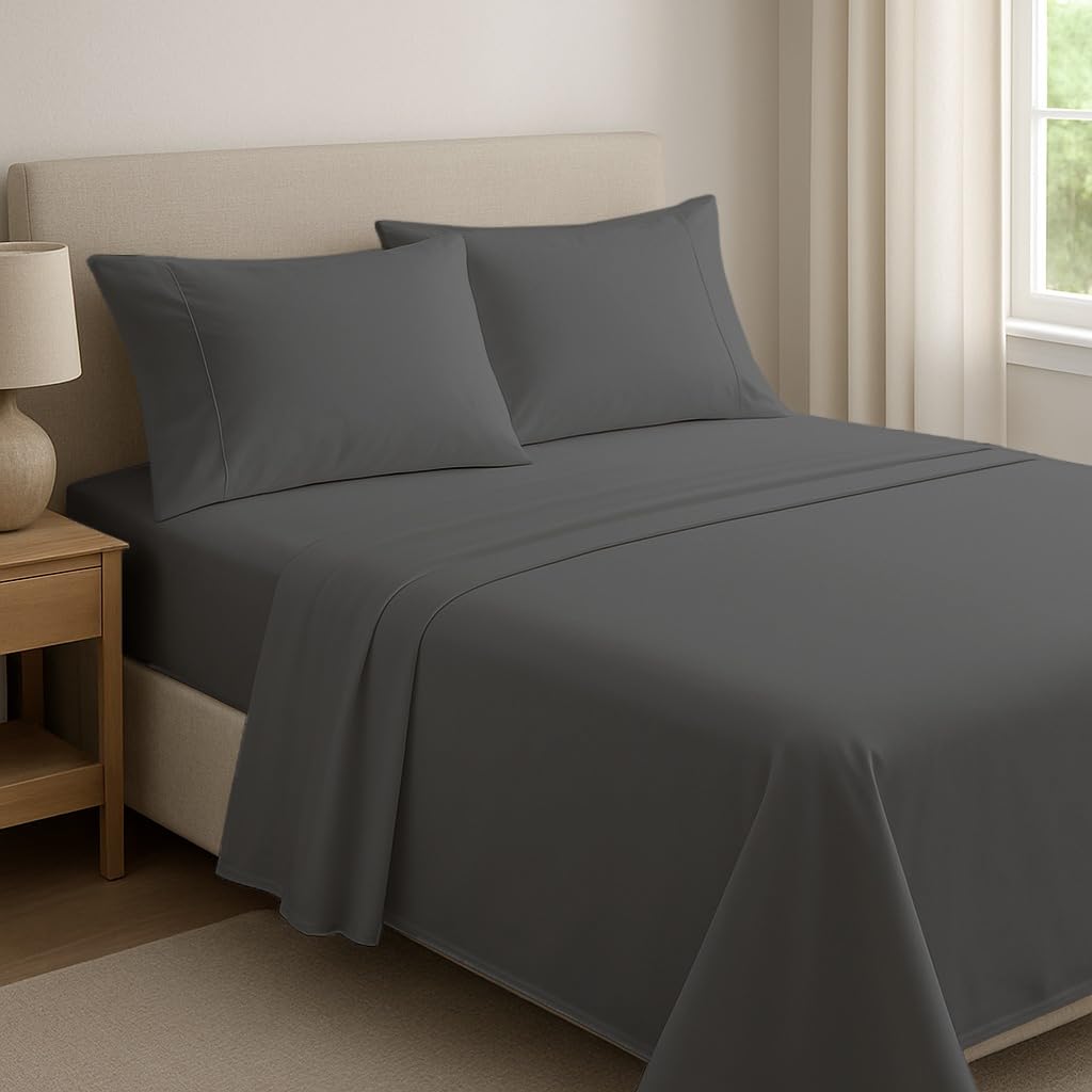 Dreema Novexa 4Pcs 100% Egyptian Cotton Double Bed Sheet Set – 1 Fitted Sheet, 1 Flat Sheet & 2 Pillowcases – 400 Thread Count, 40cm Deep, Wrinkle Resistant, Hotel Quality Grey Bedsheets — image 1