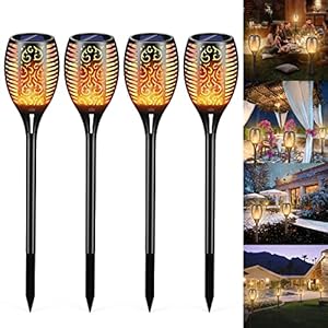 Lafhome Lumière Solaire Flamme – Lot 4 Lampes Solaires Jardin, Étanches IP65, Torche LED pour Arrière-cours, Jardins, Chemin – Automatique, Lampe Solaire Cour & Allée