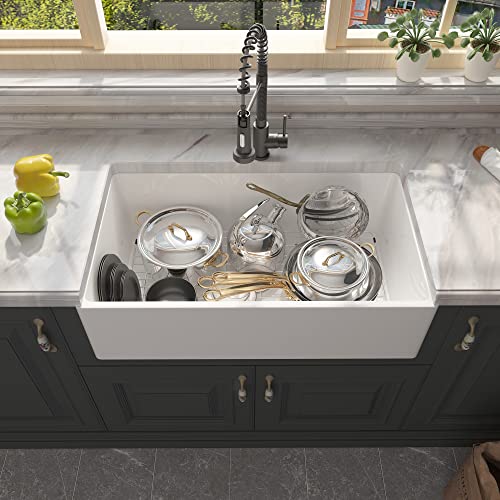 Alwen 33 White Farmhouse Sink, Fireclay 33 Apron Front Sink, Luxury Single Basin Kitchen Sink, 33 Inch Farmhouse Sink, White Ceramic Sink With Stainless Steel Grid And Strainer #TOP3