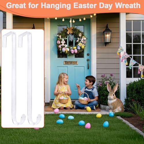 12" Clear Wreath-Hanger Non Scratch Over The Door Hooks,2 Pack Easter Halloween Christmas Decoration Welcome Sign for Front Doors Décor Inside Outside,Slim Hangers Organizer for Home