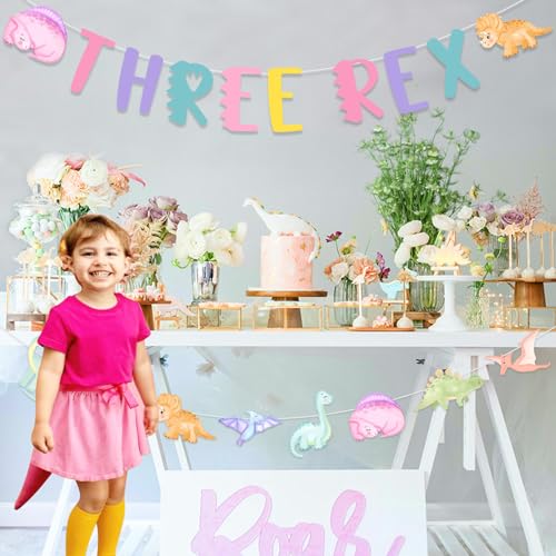 Image of Dinosaur 3rd Birthday Banner Garland Decorations for Girl, Three Rex Dino Theme Birthday Sign Banner Pastel Jungle Animal 3 Year Old Party Supplies
