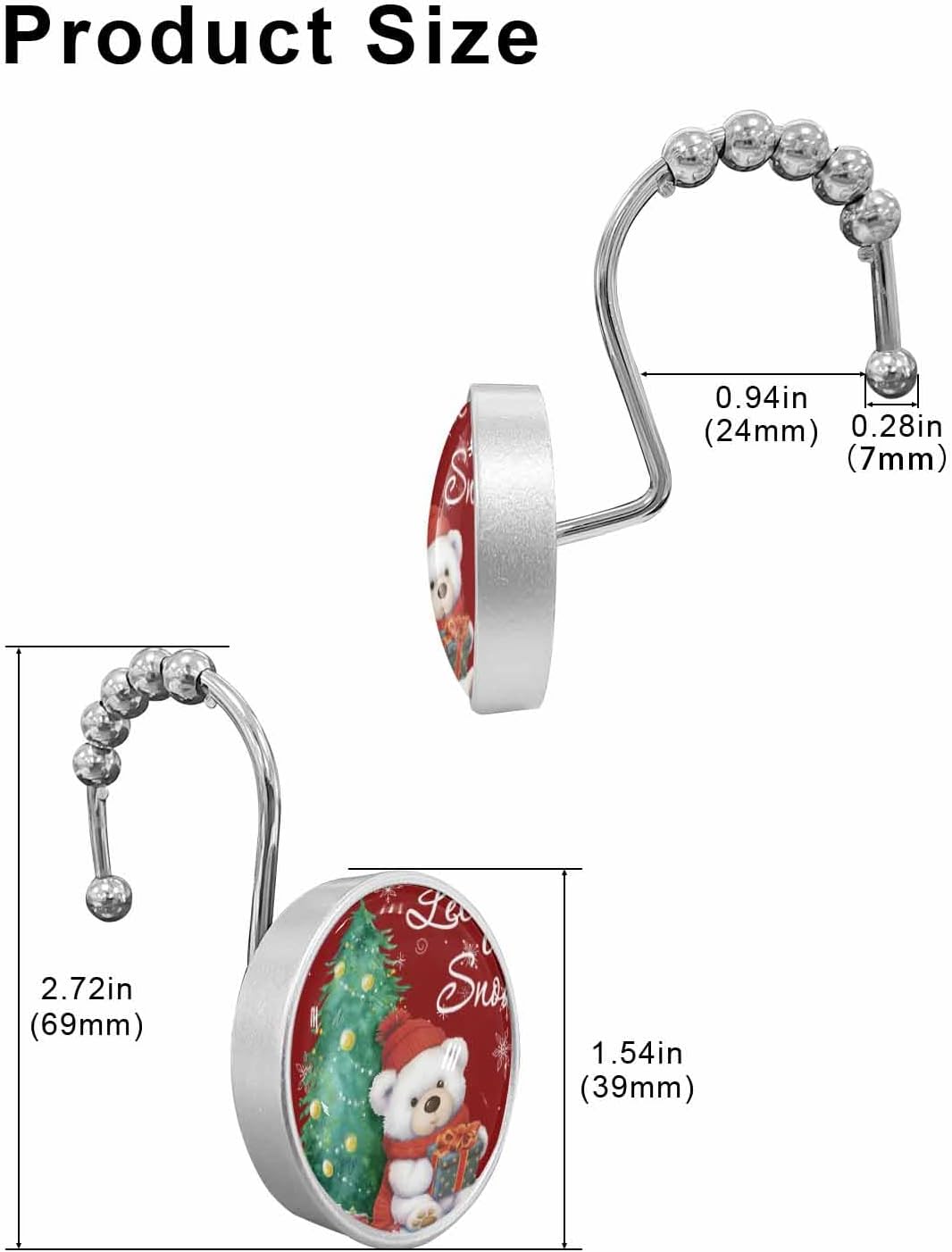 Shower Curtain Hooks 12 Pcs Christmas Red Cap Bear with Gifts Xmas Tree Snowflake Red Stainless Steel Rust Proof Rolling Shower Curtain Rings, Decorative Shower Curtain Hooks Hangers for Bathroom