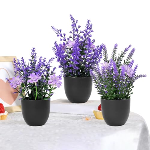 VGECEE 3 Stück Künstliche Pflanzen Lavendel Kunststoff Pflanzentopf Kunstpflanze Kleiner Topf...