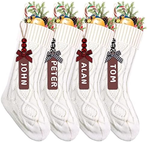 XIMISHOP 4PCS White Christmas Stockings, 18inch Large Personalized Cable Knitted Xmas Hanging Stocking Decorations with Name Tags for Holiday Christmas Party Family Decor