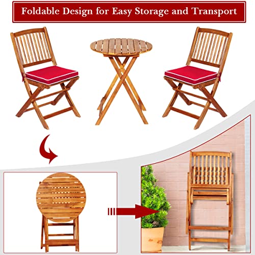 Image of Tangkula 3 PCS Patio Folding Bistro Set, Outdoor Acacia Wood Chair and Table Set w /Padded Cushion& Round Coffee Table, Ideal for Indoor Patio Poolside Garden (Red)