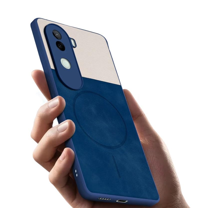 Image of Bintage CASE Mac Safe Design Hard Light Weight Back Case | Soft Border Camera Protect | Dual PU Leather Finish Back Cover Compatible for iQOO Z9s 5G - White & Blue