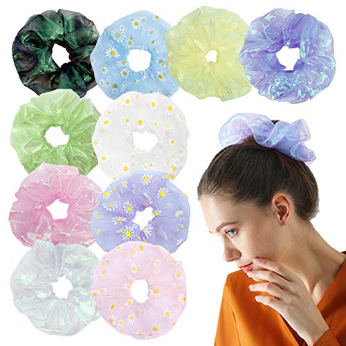 10pcs Hair Scrunchies Big Chiffon Stain Flower Elastic Hair Ties Large Shiny Hair Bands Scrunchies for women Ponytail Holder Neon Organza Scrunchies Ropes Bobbles Daisies Flowers Hair Accessories