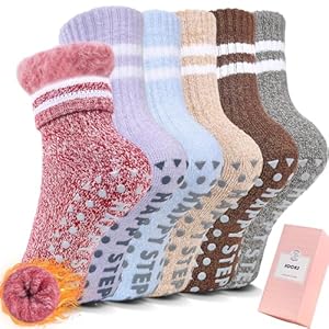 HUGSWEET Calcetines Térmicos Tipo Pantufla para Niños Niños Niñas Cabaña Acogedores Esponjosos Cálidos de Invierno Peludos con Agarres Antideslizantes 6 Pares
