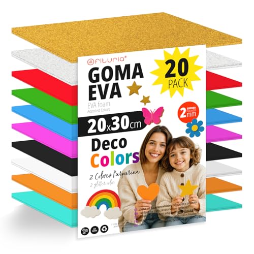OFITURIA Set mit 20 Moosgummiplatten in Dekorationsfarben, Größe 20 x 30 cm, 10 sortierte Farben, für Schule oder Zuhause, EVA-Schaum (Dekorationssortiment)