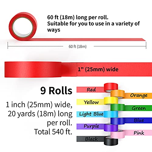 Image of CHIYUNS Colored Masking Tape, Color Painters Tape for Kids, 9 Rolls 1 inch Wide x 19.7 Yards Each, Colorful Paper Tapes Rainbow Colors for Labeling Packing, Painter Tape Variety Pack, Craft Tape