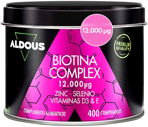 Biotina + Zinc + Selenio - 400 comprimidos 12.000 mcg (Suministro para 1+ año) - Vitaminas para el cabello - Biotina para el cabello, fortalece la piel y las uñas - Con Vitamina D3 y E - Sin aditivos