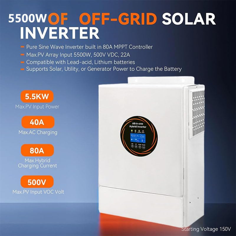 Inverter Solare Ibrido da 5500 W, Inverter a Onda sinusoidale Pura Fuori Rete da 48 V, 110 V-230 V, con Regolazione della Carica Solare MPPT da 120 A, Supporto Parallelo,220V/240V