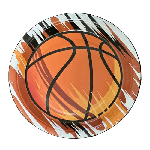 BASHOUT Basketball Party Paper Plates, 24 Pack, 9 Inch Round, Orange and Black Design