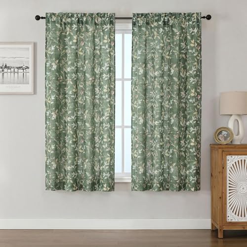 Image of Chyhomenyc Linen Blend Window Curtains 63 Inch Length 2 Panels, Light Filtering Floral Printed Curtain Drapes for Living Room, Rod Pocket Soft Bedroom Curtain Panels, 38Wx63L Inch, Green