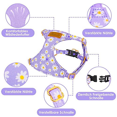SlowTon Hundegeschirr mit Leine, No-Pull leichtes weiches Wildleder-Welpengeschirr mit Blumenmuster und Schnappschnalle, verstellbares Geschirr Hund für kleine und mittelgroße Hunde(Lila, XXS)
