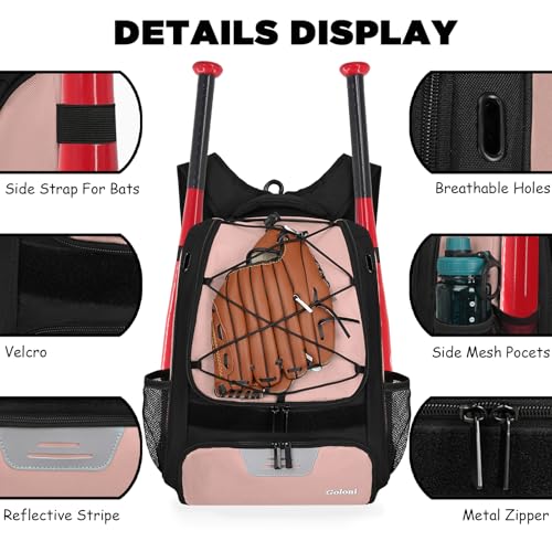 Goloni Baseball Bag,Backpack for Baseball, T-Ball & Softball Equipment & Gear,Softball Bag with Shoe Compartment,Fence Hook3