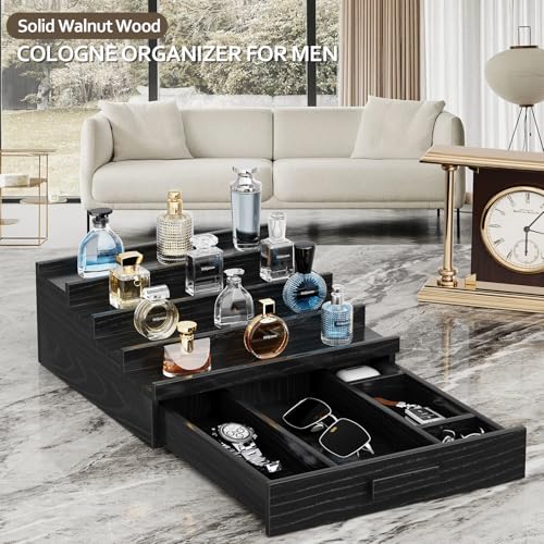 Image of Solid Walnut Cologne Organizer for Men, 4 Tier Cologne Stand, Wooden Cologne Holder Display Shelf with Drawer Storage and Hidden Compartment, Black Perfume Stand Organizer, Gifts for Men