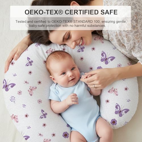 Image of Little Grape Land Muslin Nursing Pillow Covers 2 Pack, 100% Cotton Removable Breastfeeding Pillow Covers, Feeding Pillow Slipcovers for Baby Boys & Girls, (Purple Butterfly & Purple)