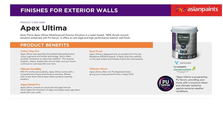Image of Asian Paint Apex Ultima Weatherproof Exterior Emulsion Premium Exterior Emulsion - Premium Weather Protection | Dust Resistant, Anti-Algal | 10 Liter (White)