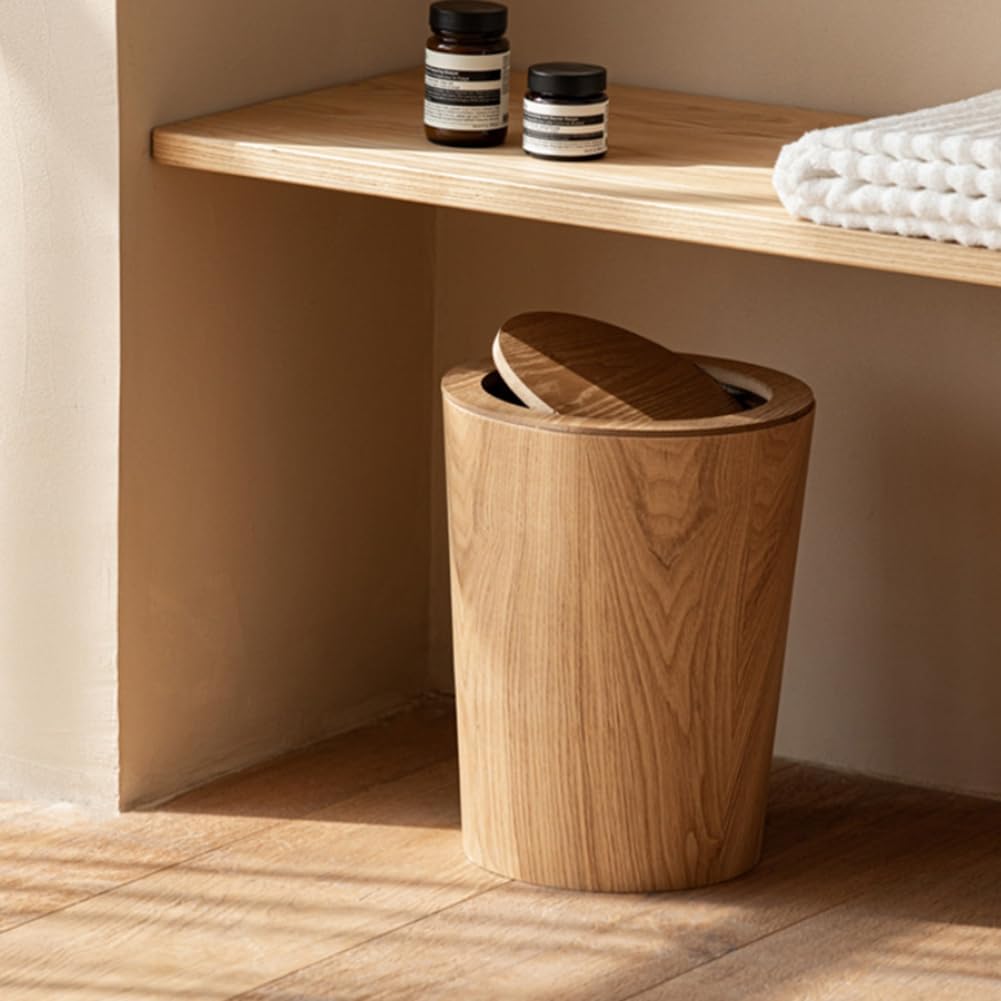 Cestino per Rifiuti in Legno Massello da 10 Litri con Coperchio Basculante - Cestino per Rifiuti Rotondo Ecologico per Ufficio e Casa