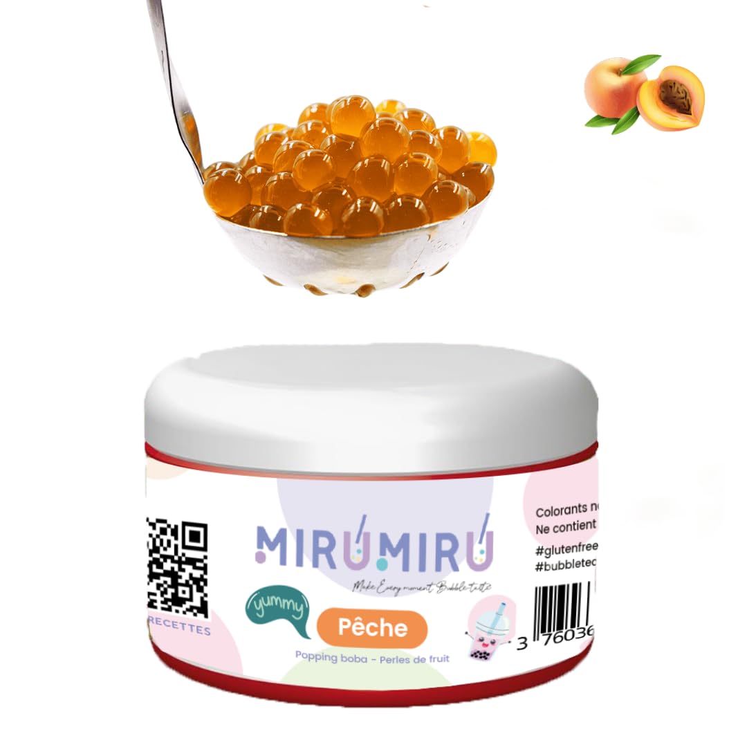MiruMiru - POPPING BOBA ORIGINALE per Bubble Tea - Pesca - 140g - senza coloranti artificiali, meno zucchero, 100% VEGETALIANO e SENZA GLUTINE