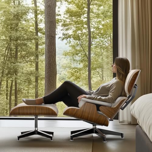 Image of Top White PU Leather, Mid Century Chaise Lounge Chair and Ottoman, Modern Chair Classic Design, Walnut Wood, Heavy Duty Base Support for Living Room Office