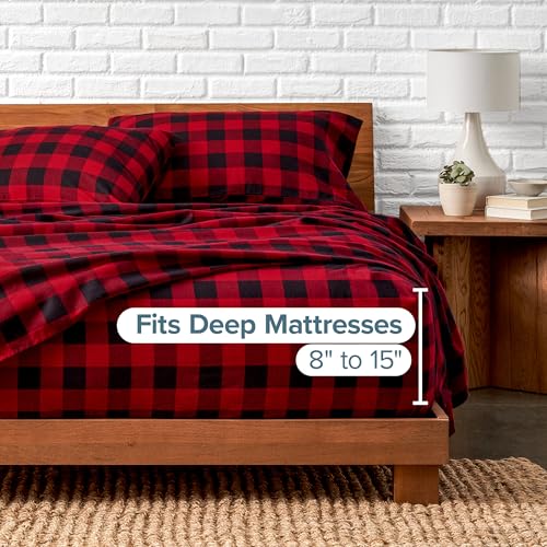 Image of Bare Home Flannel Sheet Set Prints (King, Buffalo Plaid - Red /Black) | 100% Cotton, Velvety Soft Heavyweight, Double Brushed Flannel for Extra Softness & Comfort, Deep Pockets 6 to 15 Inches