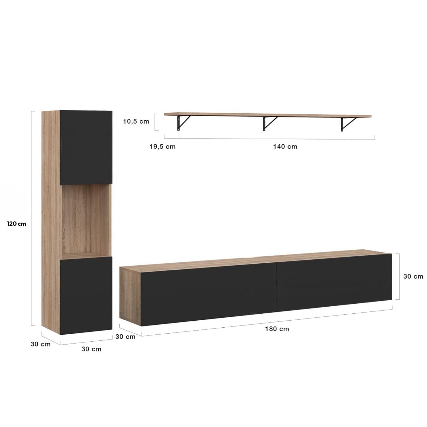 IDMarket - Mueble de TV de 180 cm con columna y estante ELIO en madera y negro