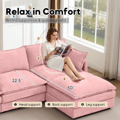 Image of 110.5 inch L Shaped Modular Sectional Sofa, Comfy Upholstery Chenille Cloud Couch with Ottoman, Modern 4-Seat Deep Seat Sofa with Pillow for Living Room, Bedroom, Apartment, Pink