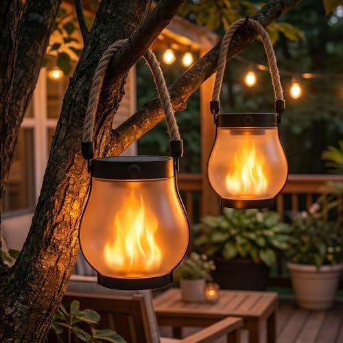 Macchiatto Solar Flammenlaterne für Außen 2er Set Solarlaterne Lampions Hängend mit flackernder Flamme IP65 Wasserdicht Wetterfest Solar Lichterkette Außen Outdoor für Garten Terrasse Balkon Deko