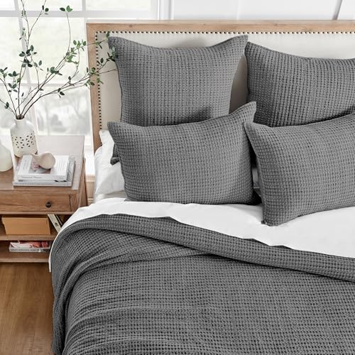 Image of Levtex Home Mills Waffle King Bedspread Set (120x104in) with 2 Pillow Shams (36x20in) - Charcoal - Cotton King Size Bedspread Set - Soft, Pre-Washed