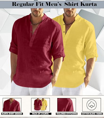 Image of Zombom Men's Combo Cotton Polyester Blend Solid Full Sleeve Straight Regular Fit Mandarin /Chinese Collor Kurta (Pack of 2)