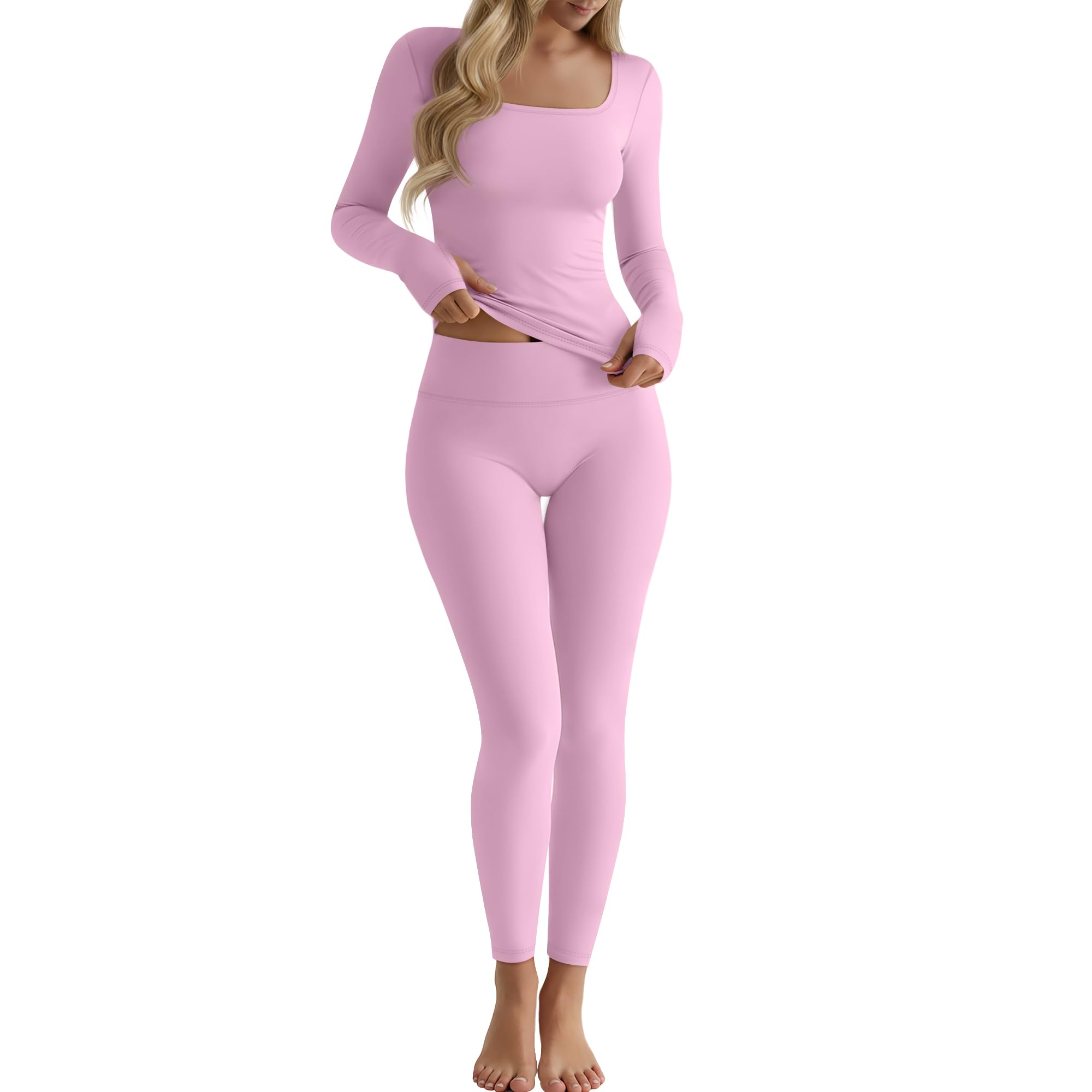 Womens 2 Piece Workout Sets Long Sleeve Square Neck Yoga Workout Tops Leggings Thumb Hole Tight Outfits