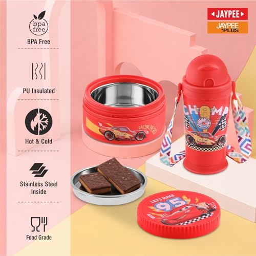 Image of JAYPEE First Step Inner Stainless Steel Insulated Lunch Box Meal and Sip Combo for School Kids Water Bottle Sipper & Disney Princess School Kids Tiffin Box 375 & 270 ml Water Bottle, Red