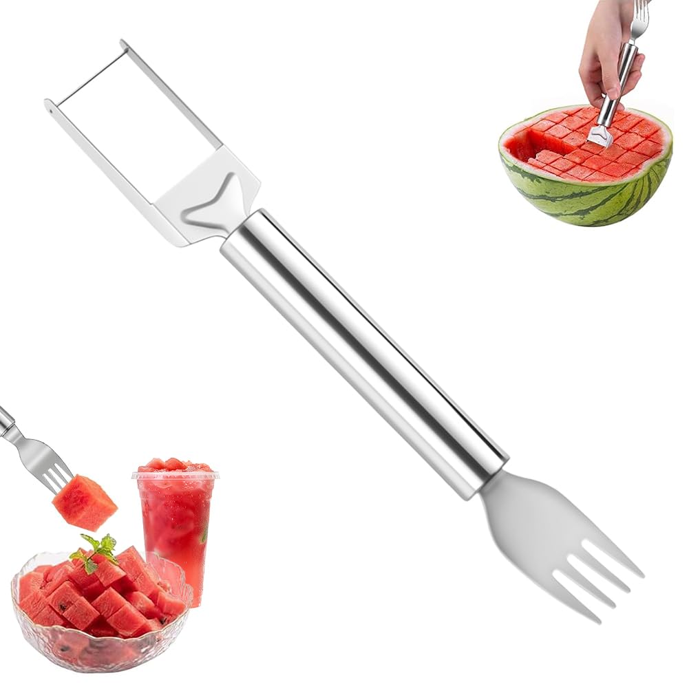 2-in-1 stainless steel fruit cutter watermelon fork slicer tool watermelon slicer and fork dual head knife with round handle for kitchen fruit cubes 1pcs