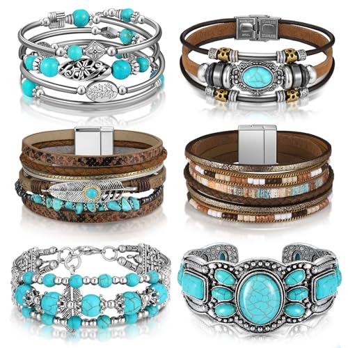 Sasylvia 6 Pcs Turquoise Bracelet for Women Leather Bracelet Western