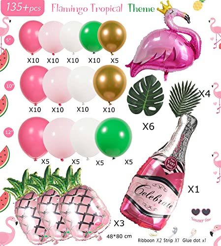 Tropical Flamingo Balloons Garland Arch Kit 135Pcs Pink Green White Balloons Mylar Pink Pineapple Balloons + Palm Leaves For Summer Luau Hawaiian Aloha Bachelorette Party Birthday Decorations #TOP5