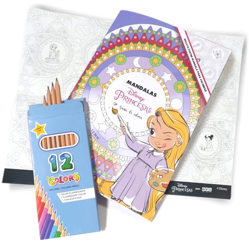 Mandalas Disney | Dibujos para colorear Disney | Princesas Disney para colorear | Libro De Colorear Disney I Mandalas Para Colorear Niños de Princesas Disney - Inc. 12 lápices | Editorial GEU